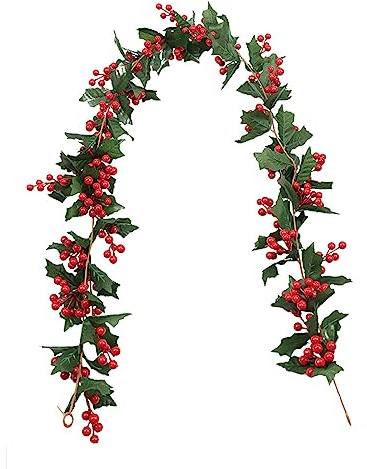 1.8 m/5.9 FT Deko Tanne Girlande mit Künstliche Rote Beerengirlande Weihnachtsgirlande Dekoration Künstliche Girlande Weihnachten Beerengirlande Stechpalme Deko für Winter,Weihnachten,Feiertage (A)