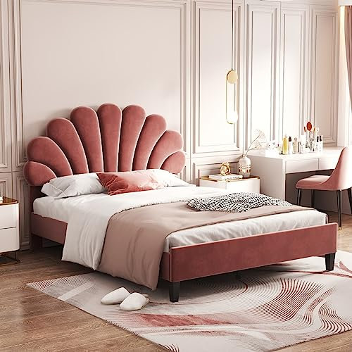 Daesar Doppelbett Jugendbett 140x200, Bettgestell mit Lattenrost und blumenförmigem Kopfteil, Modern Polsterbett Samtstoff Rot für Erwachsene Jugendliche