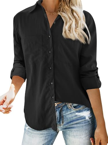 Feziakuk Leinenhemd Damen Knopfleiste Leinenbluse Baumwolle Oberteile Langarm Revers Bluse Einfarbig Tops mit Brusttasche, Schwarz M