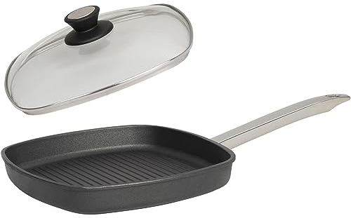 SKK große 2-tlg. Guss Grillpfanne 28x28 cm - Induktion - viereckige Antihaft Steakpfanne mit gerippten Boden & Glasdeckel - Made in Germany