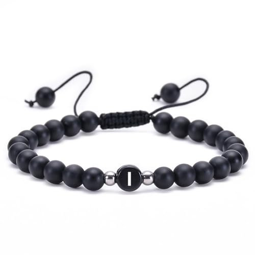 ANAZOZ Armband Naturstein Damen Elastisch, Perlen Armband Herren Armbänder 17cm bis 30cm Länge 6 mm Schwarzer Stein mit Buchstabe I