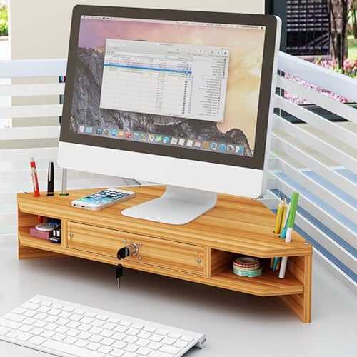 YANBI Monitor Stand Riser with Pen Holder/drawer, Triangle Corner Desk Elevated Stands for Laptop/TV/Tablet, 2 Shelf Office Organizer Storage Rack (Color : Brown)