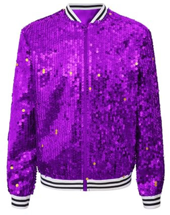 Jugaoge Kinder Mädchen Pailletten Jacke mit Reisverschluss Baseballjacke Collegejacke Old School Jacket Outerwear Hippie Disco Tanz Outfits Violett 134-140