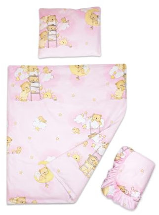 Baby Comfort 3 piece set Duvet Cover Pillowcase and Fitted Sheet for 95x65 cm Travel Cot (Ladders Pink)