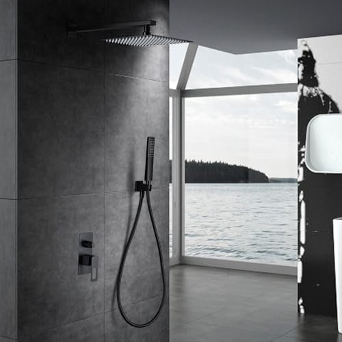 Imex Unterputz Duschsäule ohne Wasserhahn | Duschset mit Handbrause und Schlauch | Mischbatterie mit Regenbrause | Durchflussmenge 12 l/min | Serie Schweden | Farbe Schwarz