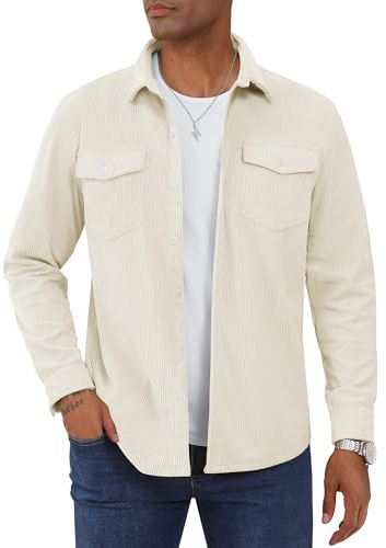 TACVASEN Men's Shirt Corduroy Long Sleeve Shacket Jacket Lightweight Button Down Overshirts Casual Shirts with Pocket BeigeWhite, L