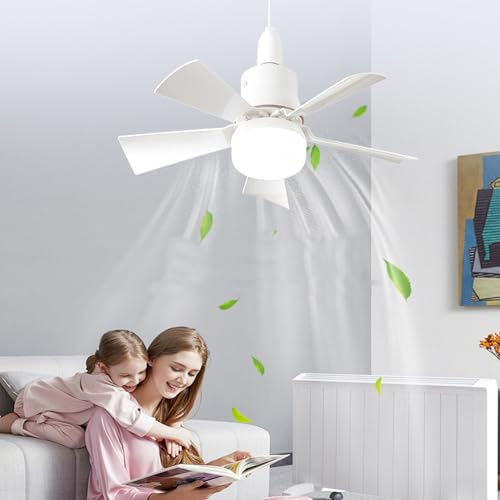 Diyeeni Ventilatore da Soffitto con Presa, Ventilatore da Soffitto Piccolo con Luce e Telecomando, 3 Temperature di Colore, Base E26 Vite con Lampadina Dimmerabile con 3 velocità, Timer,