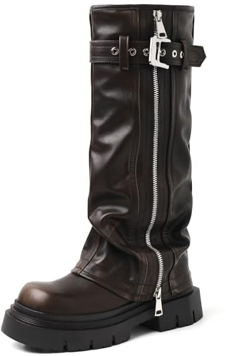 YIYA Women's Brown Platform Fold Over Biker Knee High Boots Belt Buckle Square Toe Chunky Heel Zipper Tall Motorcycle Long Combat Slouchy Boots