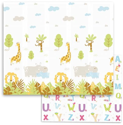 Sweety Fox - Spielmatte Baby - Krabbelmatte Baby 150x180x1cm - Krabbelmatte Wendbar, Faltbar, Wasserabweisend - Schaumstoff Babymatte - Baby Spielmatte (Savanne)