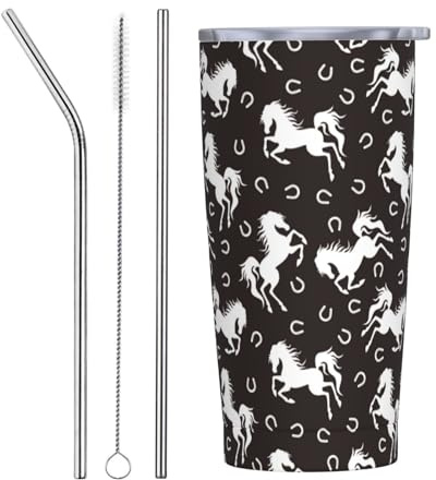 VOSERY Botella de agua de 20 onzas con tapa y popote, vaso aislado de acero inoxidable con diseño de caballo moderno, color blanco y negro, taza de café de viaje, vaso personalizado