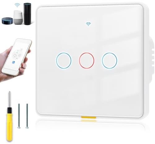 Acmerota Smart Light Switch 3 Gang WiFi Smart Touch Switch Smart Wall Light Switch Remote Control Without Internet Switch Universal Wiring Method (No Neutral+ Have Neutral) Work with Alexa&Google
