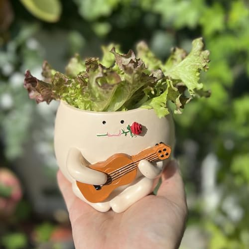 TEARS OF GAIA Smiling Face Planter Pot, Cute Resin Flower Head Planters with Drainage, Funny Succulent Plant Lover Gift, Unique Gift Ideal for Plant Lovers (Guitar Boy)