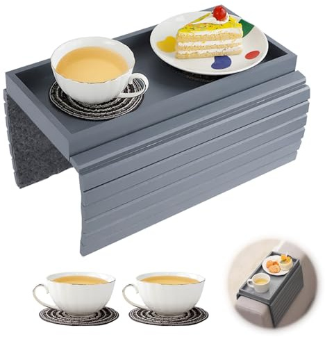 Vassoio da Divano con Tappetini a Tazza, Pieghevole Vassoio da Braccio per Divano in Bambù, Tavolino da Braccio per Divano Vassoio Antiscivolo per Snack, Telefono, Telecomando, Tazze (Grigio)