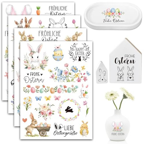 BOOMTOP 4 Rub On Sticker Ostern Transferaufkleber Selbstklebend Frohe Ostern Sticker Bunt Ostereier Osterhasen Aufkleber Rub On Folie Frühling Ostergrüße Rub Ons Sprüche für Glas Holz Möbel Keramik