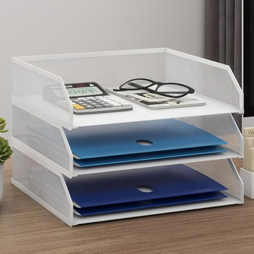 PUNCIA Bandeja Apilable 3 Niveles para Cartas A4 Archivador de Documentos | Bandejas Metal Escritorio Organizador Mesa de Archivos Papel Almacenamiento para Oficina Sala de Trabajo Escuela Blanco