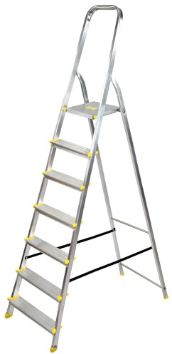 Bayersystem BS-DA7 150 Trittleiter mit 7 Stufen, Aluleiter, bis 150 kg belastbar, max. Arbeitshöhe 3,42 m, Klapptrittleiter mit Handlauf, Anti-Rutsch-Füße, Klapptritt für Haushalt, Silber/Gelb