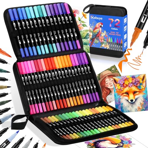 Kebuye Colouring Pens Dual Brush Tip - 72 Coloring Marker Fine & Felt Tips for Adults Begainners Artists Art Supplies for Drawing Coloring Painting Sketching Journaling Coloured Pens for Drawing Book | Watercolor Pens for Artists Art Supplies for Drawing Coloring Painting Sketching Journaling Coloured Pens for Drawing Book