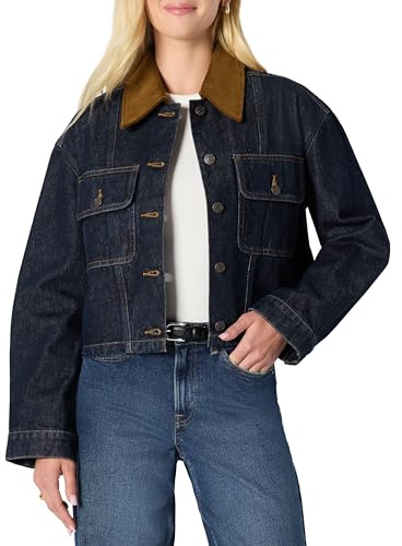 Amazon Essentials Women's (Demi's Pick) Oversized-Fit Cropped Denim Jacket with Contrast Corduroy Collar, Rinse, Medium