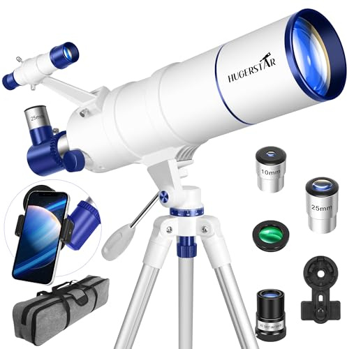 HUGERSTAR Telescopio para adultos de alta potencia, apertura de 90 mm, 550 mm, telescopio refractor portátil para niños y principiantes de astronomía, telescopios profesionales con trípode, adaptador