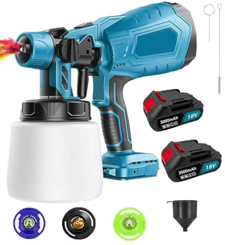 Akku Farbsprühsystem, Ersatz für Makita,500W HVLP Farbsprühgerät,mit abnehmbarem 1000ml-Farbeimer, Batteriespritzmaschinen für Zäune und Terrassen,（2X3000Amh Akku