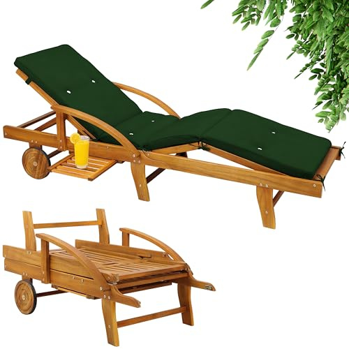 Casaria® Sonnenliege mit Rädern, inkl. Auflage Grün | 195x55cm, Wetterfest, klappbar, bis 320kg belastbar, für 2 Personen, Gartenliege, Abstelltisch, verstellbare Ablage, Akazie