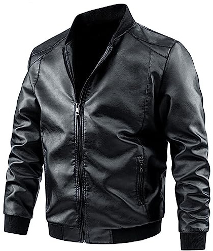 Chaqueta de cuero para hombre, resistente al viento, con cremallera, manga larga, estilo retro, cuello de solapa, cortavientos, acolchada, impermeable, abrigo grueso para otoño e invierno