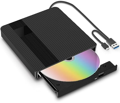 BNEHHOV External CD/DVD Drive with USB 3.0 Type-C External DVD Burner CD/DVD +/-RW Portable Drive for Laptop Desktop PC and Mac OS for MacBook for Windows 11/10/8/7/XP