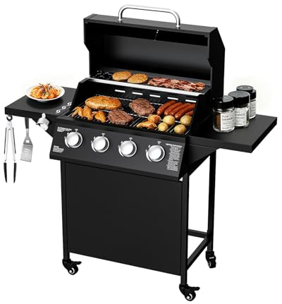 LOUAORIS 4-Burner Propane Gas BBQ Grill, 40,000 BTU Output Stainless Steel Gas Barbecue Grill with Side Tables & Wheels for Backyard,Camping and Outdoor Cooking (Black)