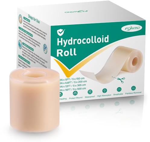 FLYWIND Apósitos Hidrocoloides, Hydrocolloid Roll Vendas Apósitos Adhesivos Impermeables Tiritas Cicatrizantes Rollo Hidrocoloide Transpirable Cortable Suave para la piel (5cmx200cm)