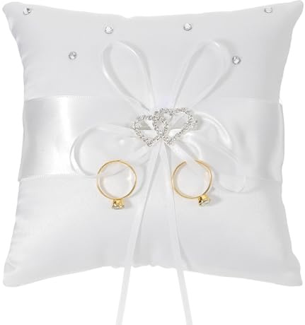 XLIUAX Wedding Ring Pillow, 5.7x5.5 Inch Lace Bow Ring Bearer Cushion Heart Rhinestones Rings Pillow Holder for Proposal Wedding Ceremony Party