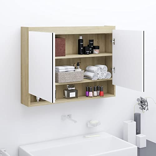Frdhee Juego de muebles de baño, armario bajo el baño, lavabo de baño, armario con espejo para baño, 80 x 15 x 60 cm, tablero DM blanco y efecto roble para invitados, fácil montaje