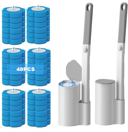 Mineup Scopino Per WC Usa E Getta, Spazzola Per WC Monouso Set, Scopino WC Parete Monouso Con 48 Ricariche Detergenti, 2 Manici E Portaspazzole Per Vasca Da Bagno, Lavandino