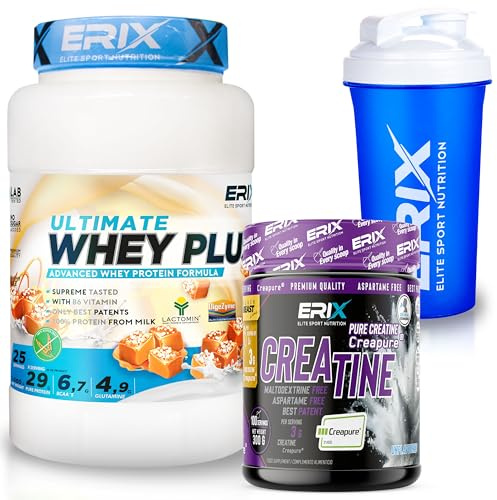 ERIX Nutrición Pack Musculación Whey Ultimate Plus 1Kg+ Creatina Creapure Neutra 300g+ Shaker, Proteína Suero de Leche para Rendimiento Deportivo y Volumen Muscular (Caramelo salado)