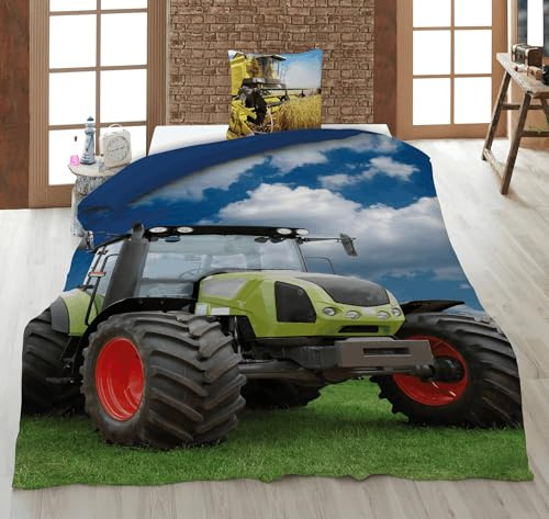 KK SHOPPING Versandhandel Klaus Kolodzie Trecker Bettwäsche Set mit Traktor 2 TLG. 100% Baumwolle, Bettbezug 135 x 200 cm, Kissenbezug 80 x 80 cm Öko Tex 100