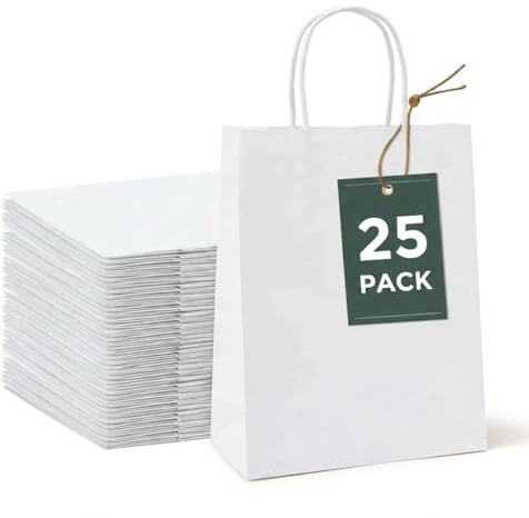 Heimwohl 25 Stück Papiertüten, Weiße Geschenktüten, 20,3 x 12 x 26,7 cm | Papiertüten mit Henkeln für Geburtstage, Hochzeiten, Partys, Bastelprojekte, Geschenke, Einkäufe, Boutiquen und Einzelhandel