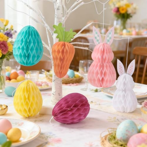 Osterdeko zum Aufhängen, 12 Stück Osterhase und Ostereier Wabenbälle Deko, Wiederverwendbare Bunte Papier Ostern Deko für Osterdeko Innen, Frühling Partydeko