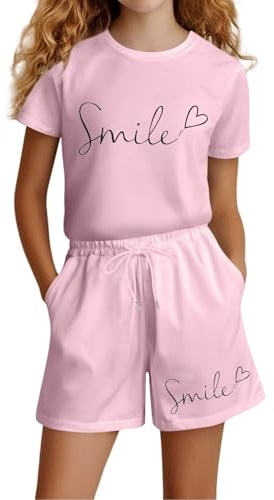 JokeLomple Set Estivo Casual a Maniche Corte per Bambine e Ragazze, Composto da t-Shirt, Top e Pantaloncini con Tasche. (9-10 Years) #178