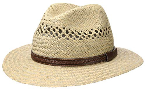 Lipodo Steven Travellerhut Strohhut Kunstleder Garniturband Made in Italy Damen und Herren Frühling Sommer Natur S (54-55 cm)