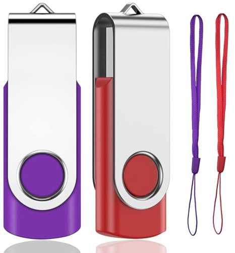 USB Memory Stick 32GB 2Pack, EASTBULL USB 2.0 Flash Drive USB Stick 32GB Pen Drive Swivel Design Fold Data Storage for Business,School,Homework (Red/Purple With Lanyard)