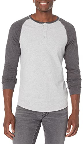 Amazon Essentials Men's Long-Sleeve Henley Shirt, Grey (Light Heather Grey/Charcoal Heather), M