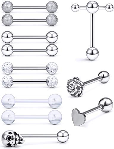 Prjndjw Jewelry, Silver, 12PCS, 5/8in(16mm) L. 14G Tongue Ring Surgical Stainless Steel Tongue Piercing Barbell Body Jewelry for Women