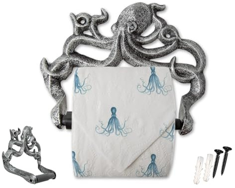 Porte-Rouleau de Papier Toilette en Fonte en Forme de Pieuvre – Décoration de Salle de Bain Nautique – Installation Facile – Argent et Noir