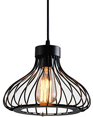 Mengjay E27 Retro Industrielle Plafonnier en Métal Noir Cage, Suspension Lustres,suspensio Lampes, Luminaires intérieur industriel pour entrée,allée, porche,couloir,chambre,Café Bar (1 douille)