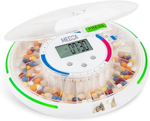 Automatischer Pillenspender mit elektronischem 28-Tage-Medikamenten-Organizer - Abschließbarer Schlüssel-Pillenbehälter mit LCD-Display, Licht- und Ton-Erinnerungsalarm für geplante Medikamente