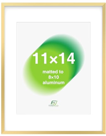FrameWorks 11x14 Matted to 8x10 Picture Frame – Aluminum Frame w/Tempered Glass, Removable Mat for Photos, Posters, Art, Stylish Wall Frame for Home Decor, Gallery Walls, Office, Living Room - Gold
