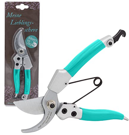 ALTERA LA VITA Professionelle Floristenschere, Gartenschere, Baumschere, Rosenschere | klein ergonomisch für Rechts- und Linkshänder | Bypass-Schere hochwertige scharfe SK5-Stahl Klingen 18 cm Türkis