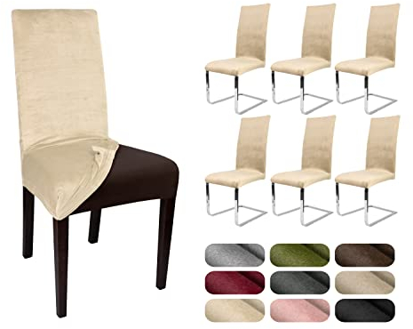 BEAUTEX 6er Set LEA Stuhlhusse, elastische Uni Stretch-Husse aus Samt Mikrofaser Farbe wählbar (Creme)