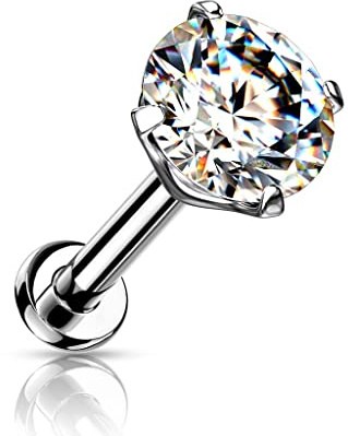 Paula & Fritz® Push-In Labret Piercing Kugel Zirkonia Klar Titan-IUM Grade 23 Piercing Set 0,8-mm 1-mm 1,2-mm Stab-Dicke Madonna Medusa Monroe Tragus