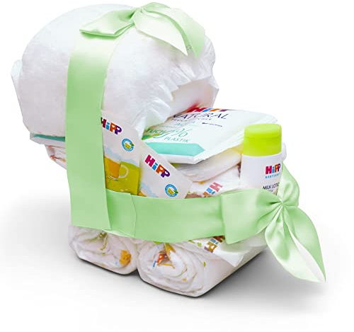 MilaBoo® Kinderwagen Windeltorte grün – 18 Premium Windeln Größe 2, Milklotion, Feuchttücher, Tee, Hello Baby Postkarte mit Goldelementen, Geschenk zur Geburt oder Taufe, Made in Germany