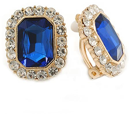 Boucles d'oreilles à clip carrées en métal doré avec cristal bleu roi 23 mm, taille unique, Verre Pierre Cristal Métal Pierre précieuse